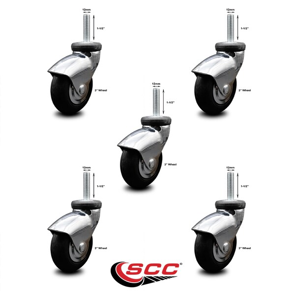 Service Caster 3 Inch Bright Chrome Hooded Neoprene Rubber 12mm Threaded Stem Casters SCC, 5PK SCC-TS03S310-NPRB-BC-M1215-5 - main